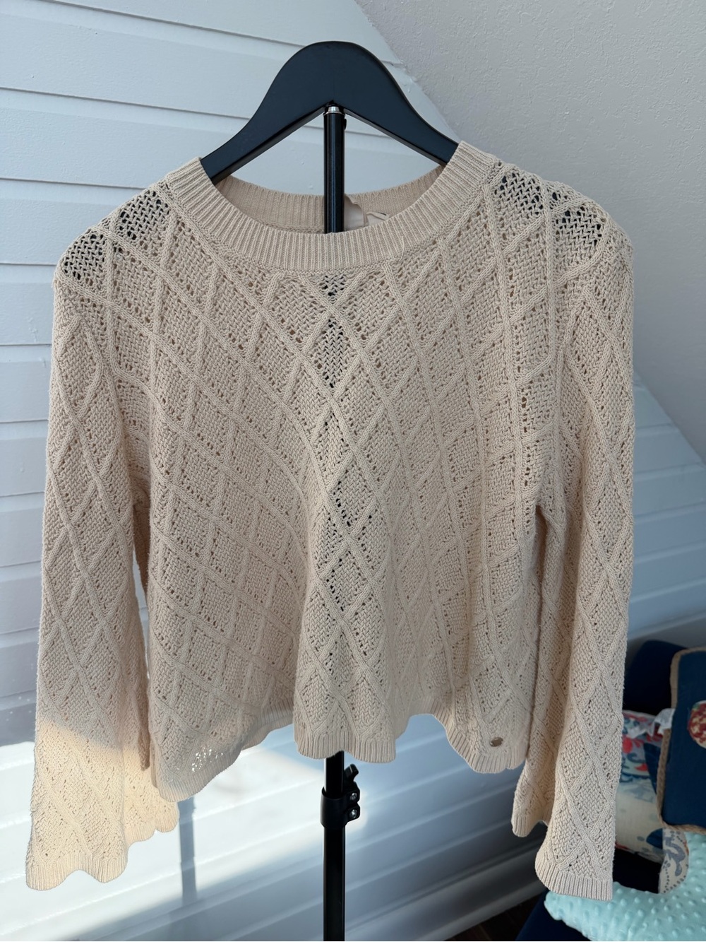 Roxy Cream Open Knit Crochet Sweater Diamond Pointelle Boho Coastal Long Sleeve